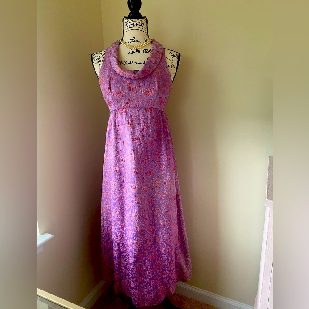50s Union Made Purple With Pink Flowers & Bow Accent Vintage Party Dress